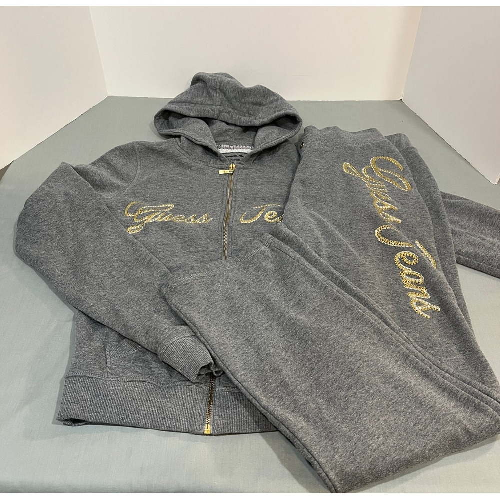 Guess Tracksuit Set Women Small Gray Rhinestone Logo Zip Hoodie Bootcut Pants